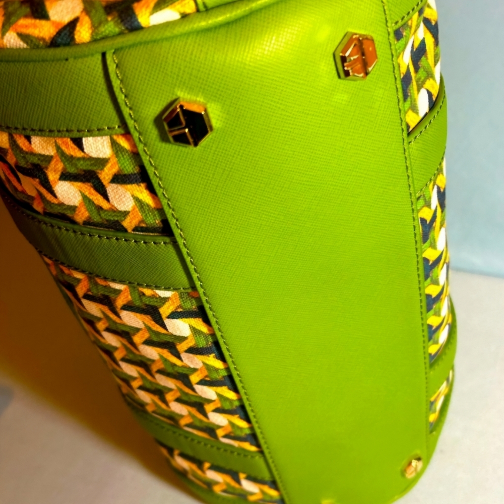 Tory Burch Riviera Green Wicker Print Leaf  Patterned Women's Satchel Bag - Picture 5 of 16